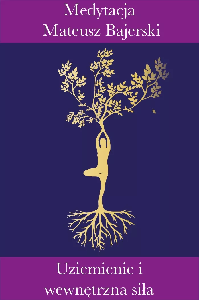 Złote drzewo z sylwetką osoby symbolizujące medytację na uziemienie i połączenie z wewnętrzną siłą.