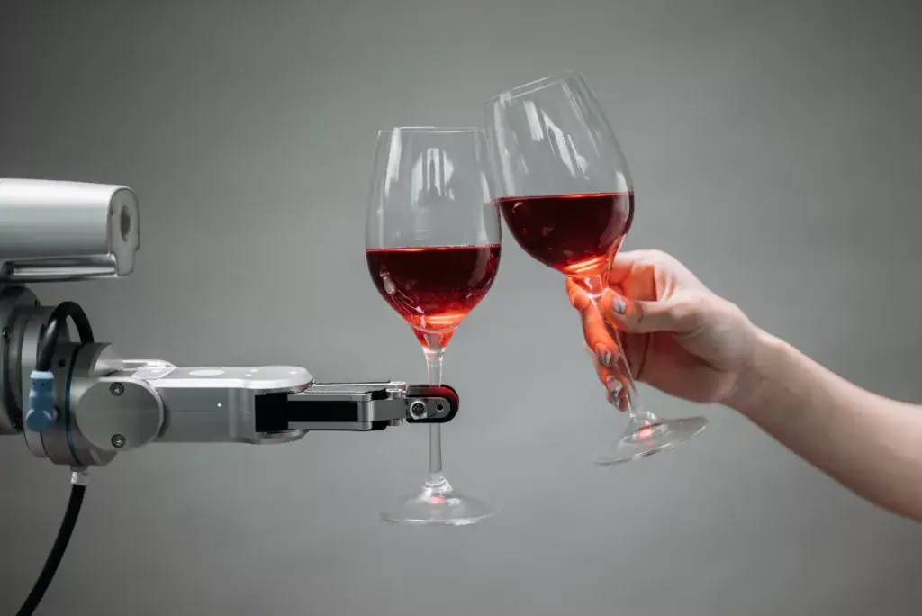 Człowiek i robot wznoszący toast kieliszkami czerwonego wina, symbol współpracy ludzi i sztucznej inteligencji..
