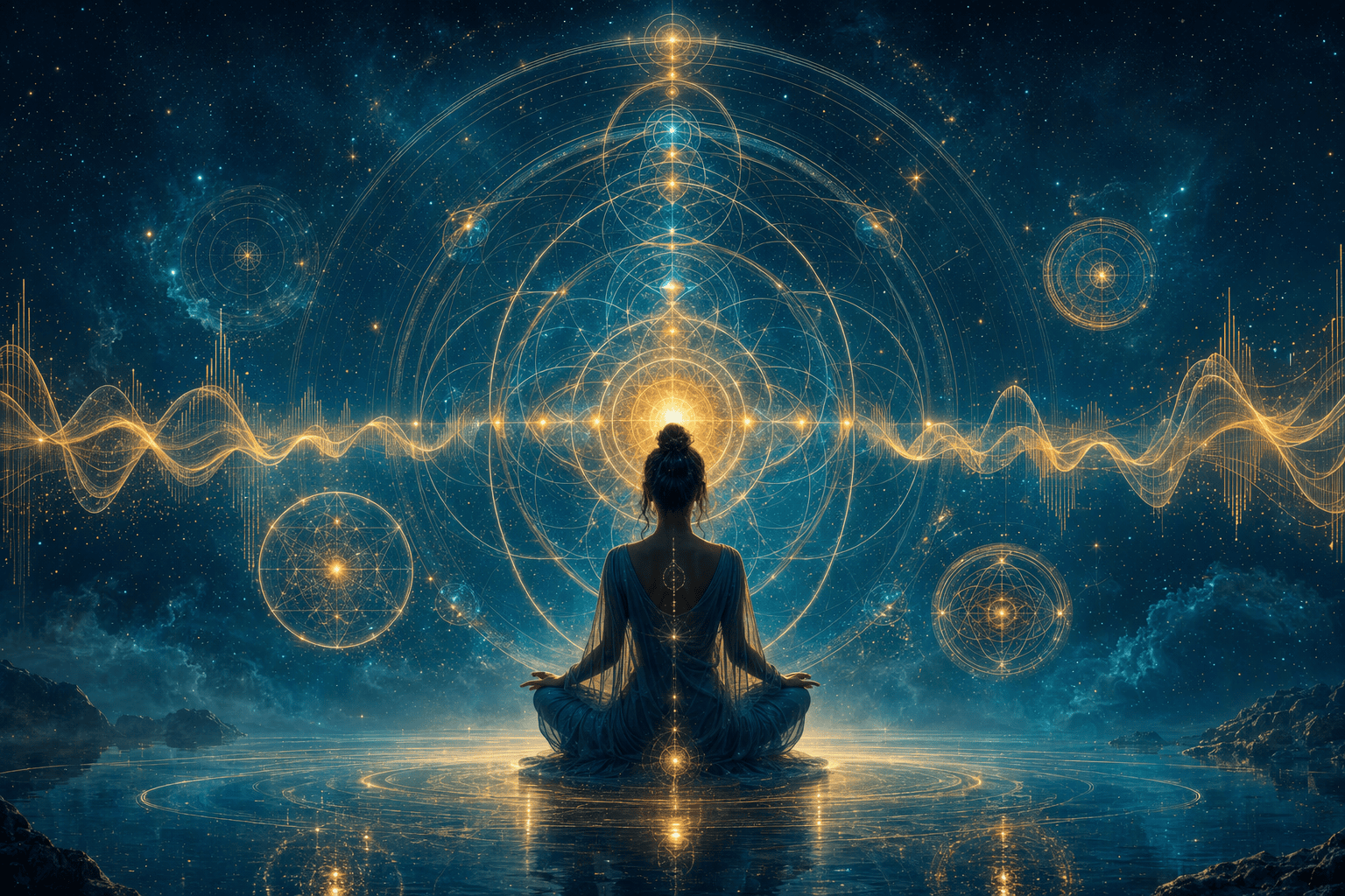 Abstrakcyjna ilustracja fal dźwiękowych Solfeggio w odcieniach granatu, turkusu i złota, symbolizujących harmonię, relaks i medytację.