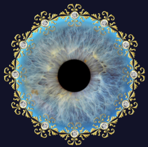 Oko (niebieska tęczówka z czarną źrenicą na tle nieskończonej granatowej głębi.Obraz