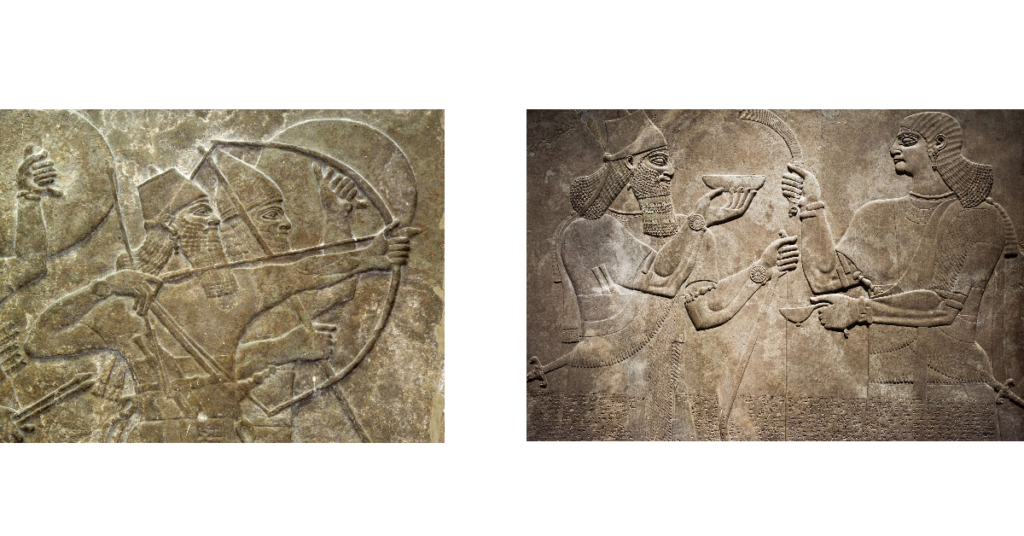 Sumeryjskie wyobrażenia bogów Anunnaki wykute w kamieniu, przedstawiające tajemnicze postacie o ludzkich i zwierzęcych cechach, symbolizujące starożytną mitologię Mezopotamii.