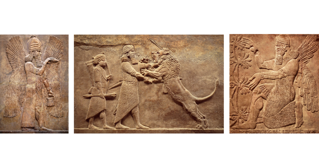 Sumeryjskie wyobrażenia bogów Anunnaki wykute w kamieniu, przedstawiające tajemnicze postacie o ludzkich i zwierzęcych cechach, symbolizujące starożytną mitologię Mezopotamii.