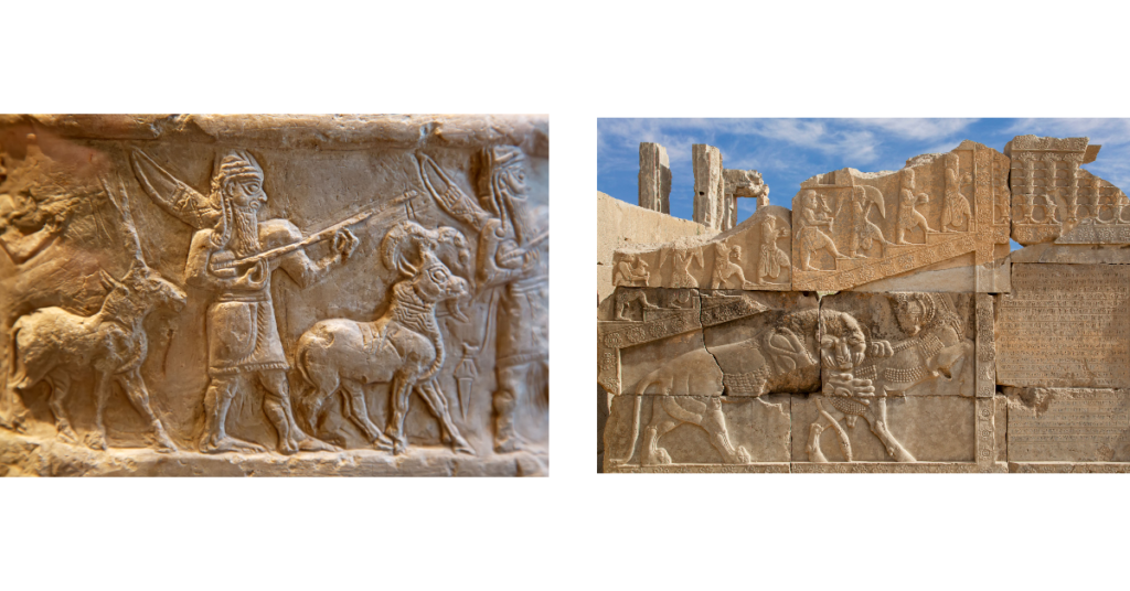 Sumeryjskie wyobrażenia bogów Anunnaki wykute w kamieniu, przedstawiające tajemnicze postacie o ludzkich i zwierzęcych cechach, symbolizujące starożytną mitologię Mezopotamii.