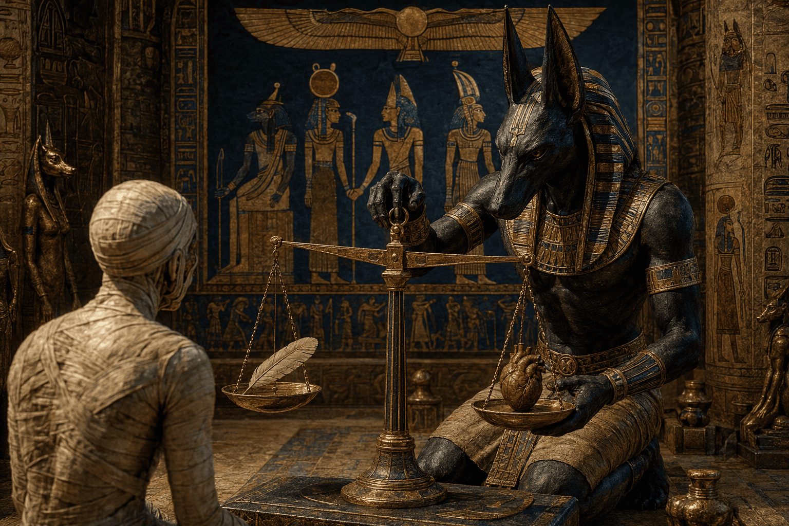 Ważenie serca - bóg Anubis waży serce zmarłego na wadze przeciwko pióru bogini Maat.